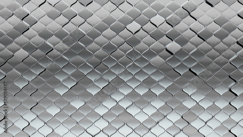 Arabesque, Luxurious Mosaic Tiles arranged in the shape of a wall. Silver, 3D, Blocks stacked to create a Glossy block background. 3D Render