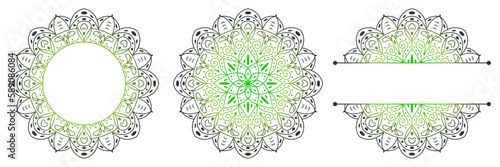 Set of flower mandalas. Split pattern in form of mandala for Henna Mehndi or tattoo decoration. Decorative ornament in ethnic oriental style, vector illustration.	