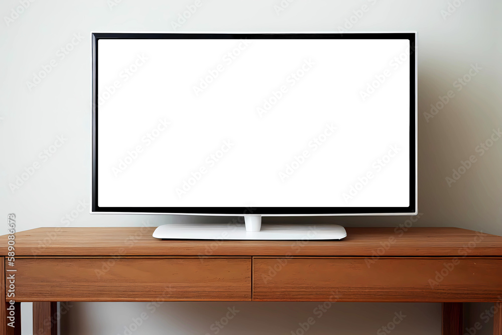 Empty blank smart tv screen on wooden table. Generative ai.