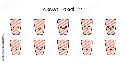 Set of kawaii sashimi sushi mascots in cartoon style