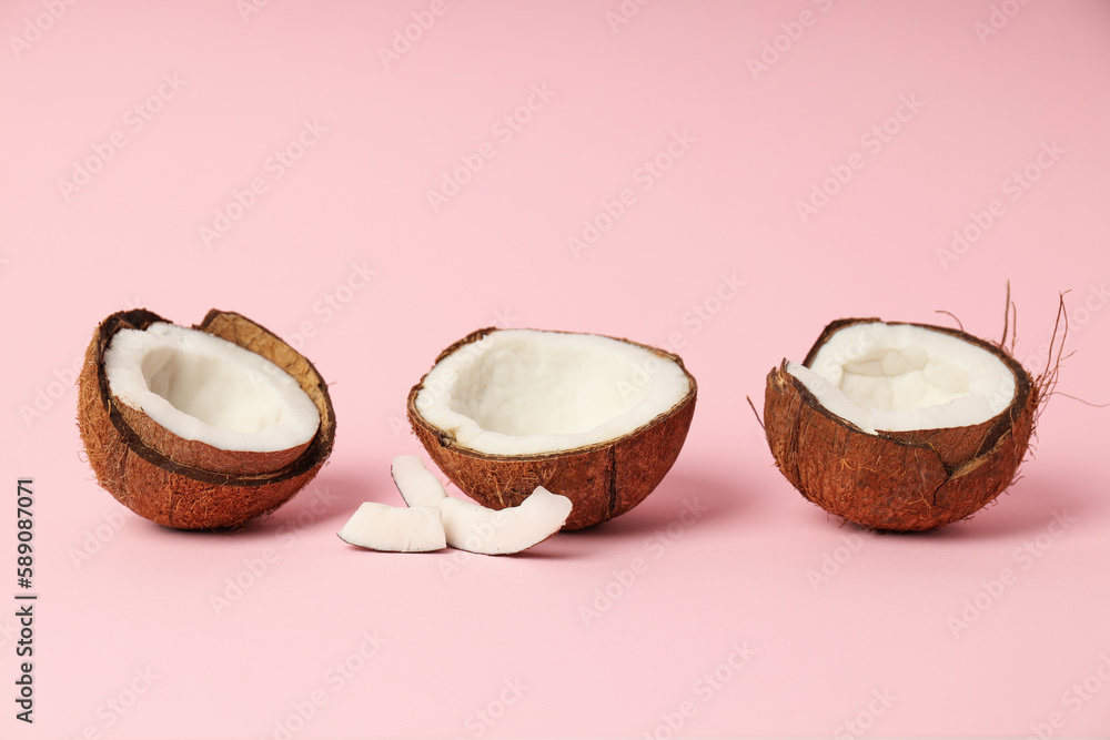 Composition for summer concept with coconut on pink background Composition for summer concept with coconut on pink background