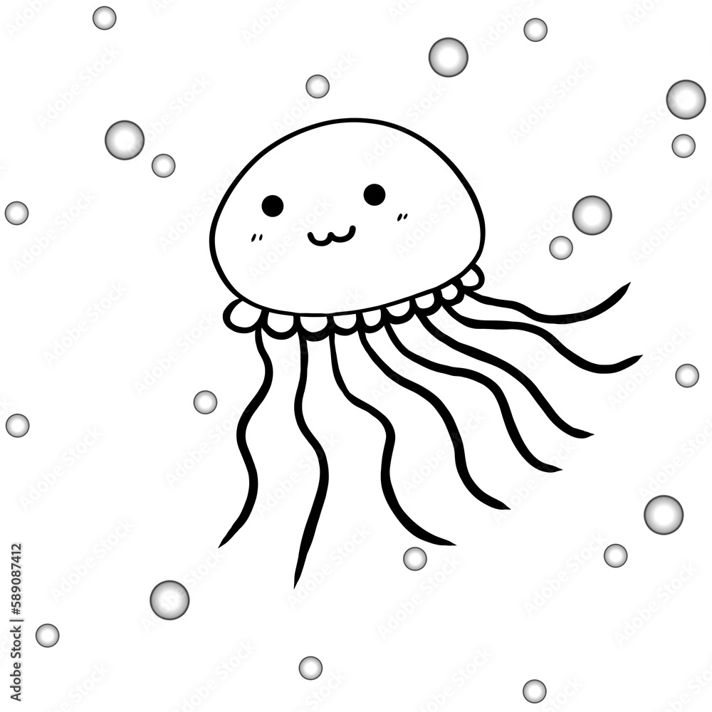 Jellyfish drawing to print and color for kids and adults. Hand drawn Jellyfish coloring book ...