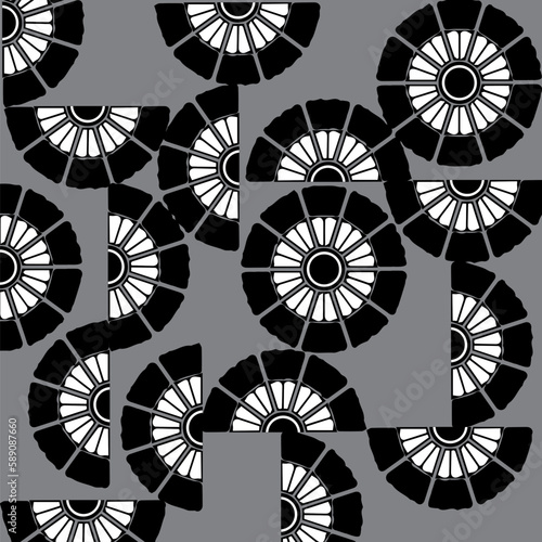 seamless pattern with flowers Vector illustration, black and white, semicircle, gray background, abstract image. for decorating office room