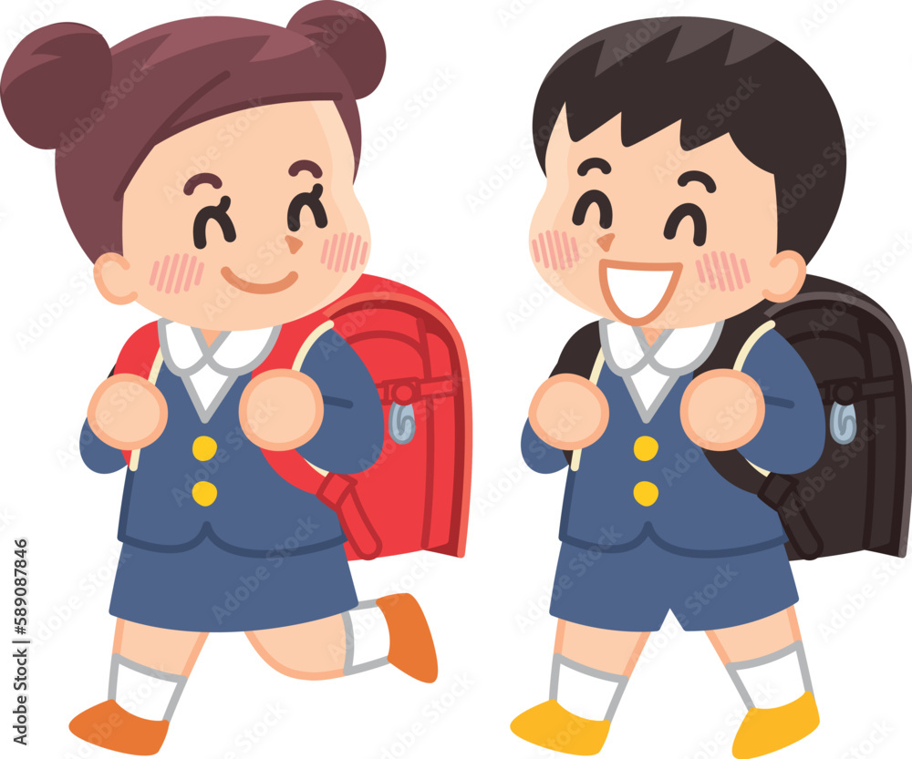 ランドセルを背負って歩く小学生の男女 ランドセルを背負って歩く小学生の男女