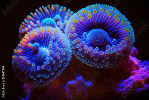 Under blue fluorescent lighting, zoanthid corals flourish in a reef aquarium. Generative AI photo