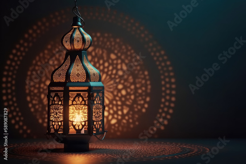 Ornamental Arabic lantern with burning candle glowing at night mosque background. Festive greeting card, invitation for Muslim holy month Ramadan Kareem, generative AI