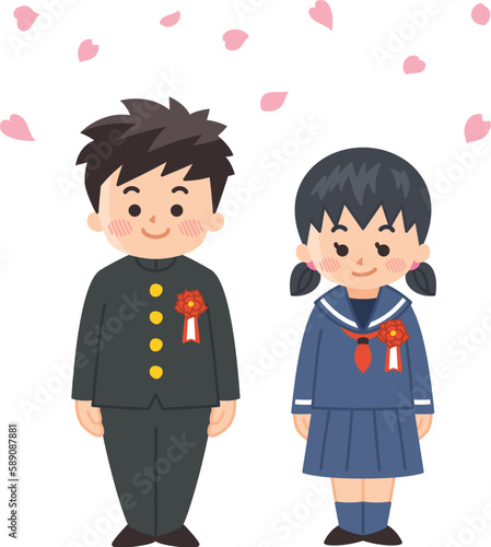 桜の下制服を着た中高生の男女