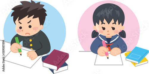 熱心に勉強する中高生の男女