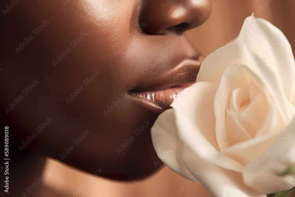 Beautiful African American woman smelling a white rose closeup. Beauty and skincare concept banner. Generative AI.