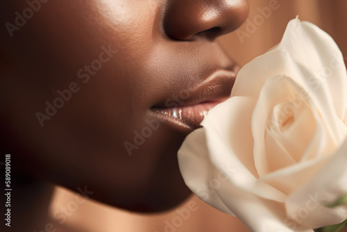 Obraz na płótnie Beautiful African American woman smelling a white rose closeup. Beauty and skincare concept banner. Generative AI. w salonie