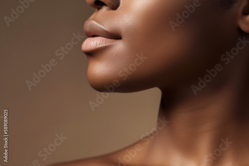 Beautiful African American woman facial skin closeup. Beauty and skincare concept banner. Generative AI.