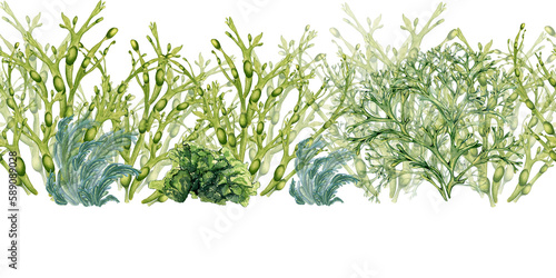 Wallpaper Mural Seamless board of green sea plants watercolor isolated on white background. Ascophyllum, kelp, herb seaweed hand drawn. Design element for package, label, advertising, wrapping, marine collection Torontodigital.ca