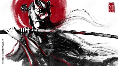 charming young samurai girl with a fox mask on head and a sharp bloody katana in her hands, she looks straight into eyes in a fighting stance wearing a kimono with patterns. clean looped 2d animation