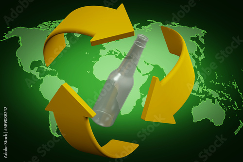 Illustrazione 3D. Ecologia. Riciclaggio. Simbolo di riciclaggio ruota attorno ad una bottiglia di vetro.. photo