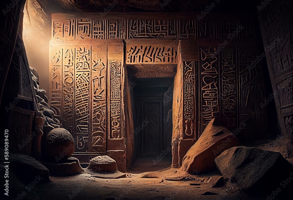 Egyptian tomb inside a humid cave, hieroglyphics on the walls, desert