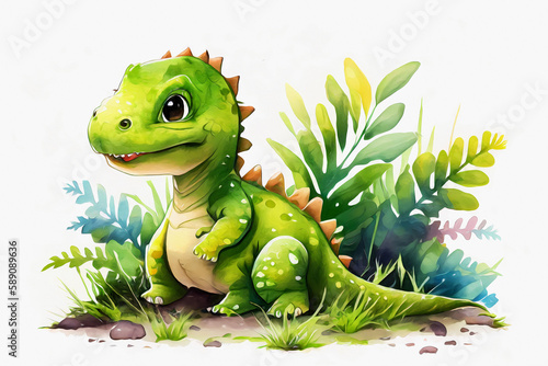 Watercolor little dinosaur sitting in gras. Generative ai. © PicItUp