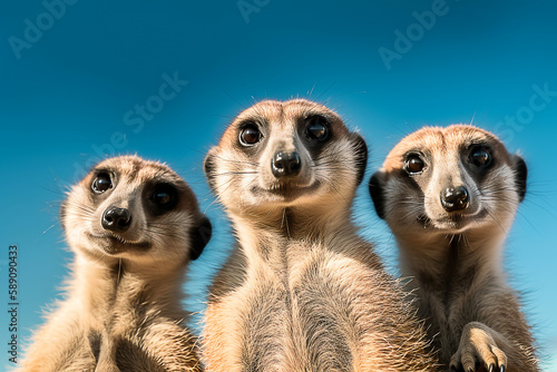 3 meerkats looking at the camera