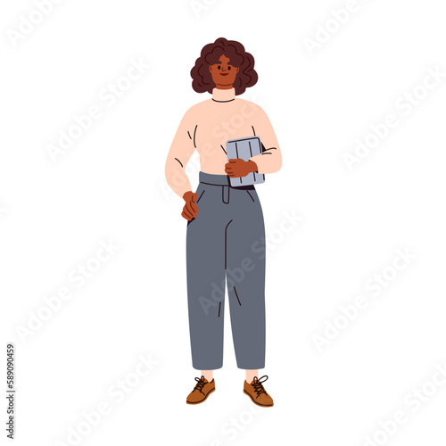 Modern young businesswoman. Black business woman standing with documents, portrait. Smiling friendly African-American female manager, agent. Flat vector illustration isolated on white background