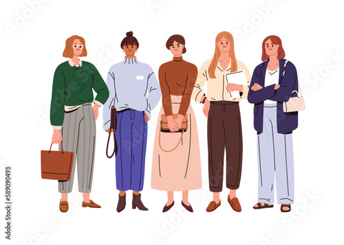 Business women group. Female community, businesswomen stand together in row. Young modern girls entrepreneurs. Employees, office workers portrait. Flat vector illustration isolated on white background