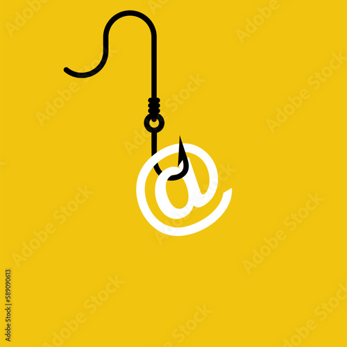 Phishing icon. The Internet is on the hook. Online fraud. Data theft. Internet security. Vector illustration flat design. Isolated on yellow background.