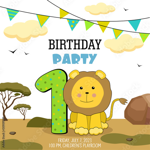 Birthday invitation with a little lion cub. One year.