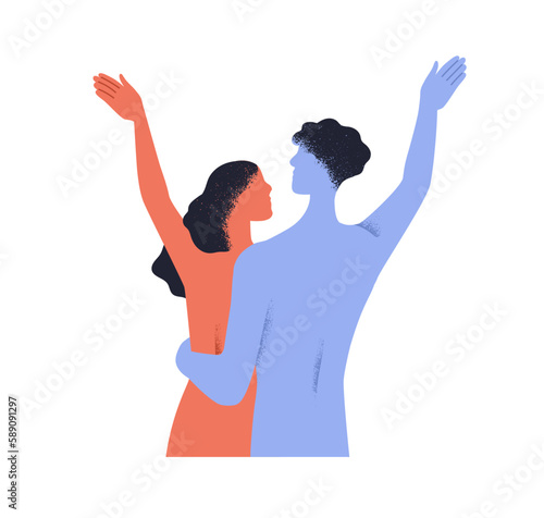 Abstract love couple hugging together. Nude naked man and woman lovers, valentines, back view. Romantic sexual intimate relationship concept. Flat vector illustration isolated on white background