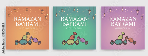 Holy Month of Muslim Community Ramadan Kareem, Feast of the Sacrifice greeting card, social media template, poster.(Turkish translation: Ramazan Bayramınız kutlu olsun. Kurban Bayramınız kutlu olsun.)