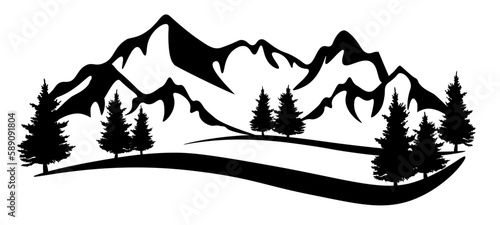 Black silhouette of mountains peak and forest fir trees, camping adventure outdoor landscape panorama illustration icon vector for logo, isolated on white background