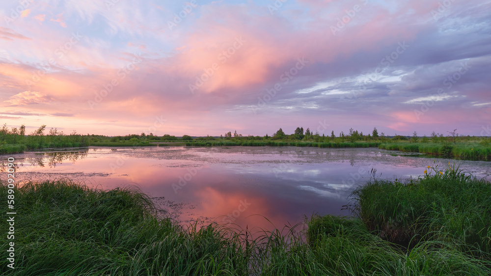 Colorful sunset over swamp and forest: reflection of clouds, nature of Northern Europe, summer evening.