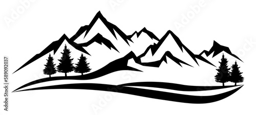 Black silhouette of mountains peak and forest fir trees, camping adventure outdoor landscape panorama illustration icon vector for logo, isolated on white background