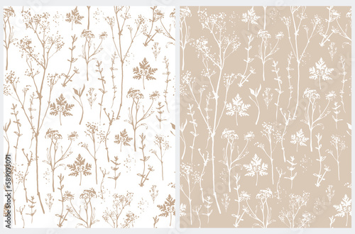 Abstract Hand Drawn Floral Seamless Vector Pattern. Sketched Flowers and Leaves on a White and Light Brown Background. Abstract Garden Design.Simpel Floral Repeatable Print ideal for Textile, Fabric. 