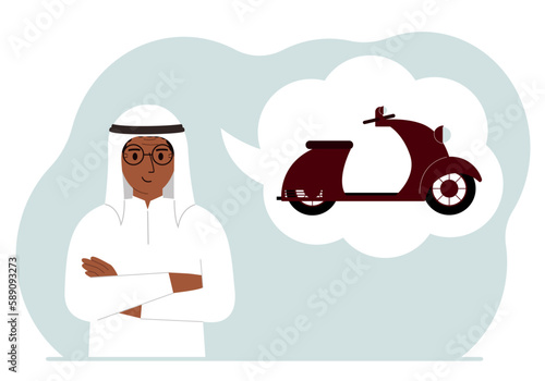 A man dreams or thinks about a scooter or motorcycle. His thoughts are in an air bubble. The concept of a dream, purchase, loan or investment.