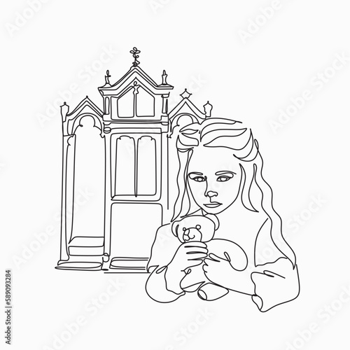 Little girl with teddy bear near confession room line art vector illustration. 