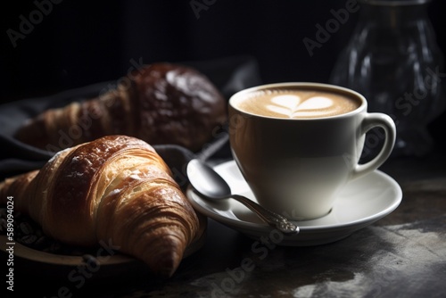 a cup of coffee with croissant on plate