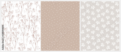 Abstract Hand Drawn Floral Seamless Vector Pattern. Sketched Flowers and Leaves on a White and Light Gray Background. Abstract Garden Design.Floral Repeatable Print. Simple White-Beige Dotted Pattern.