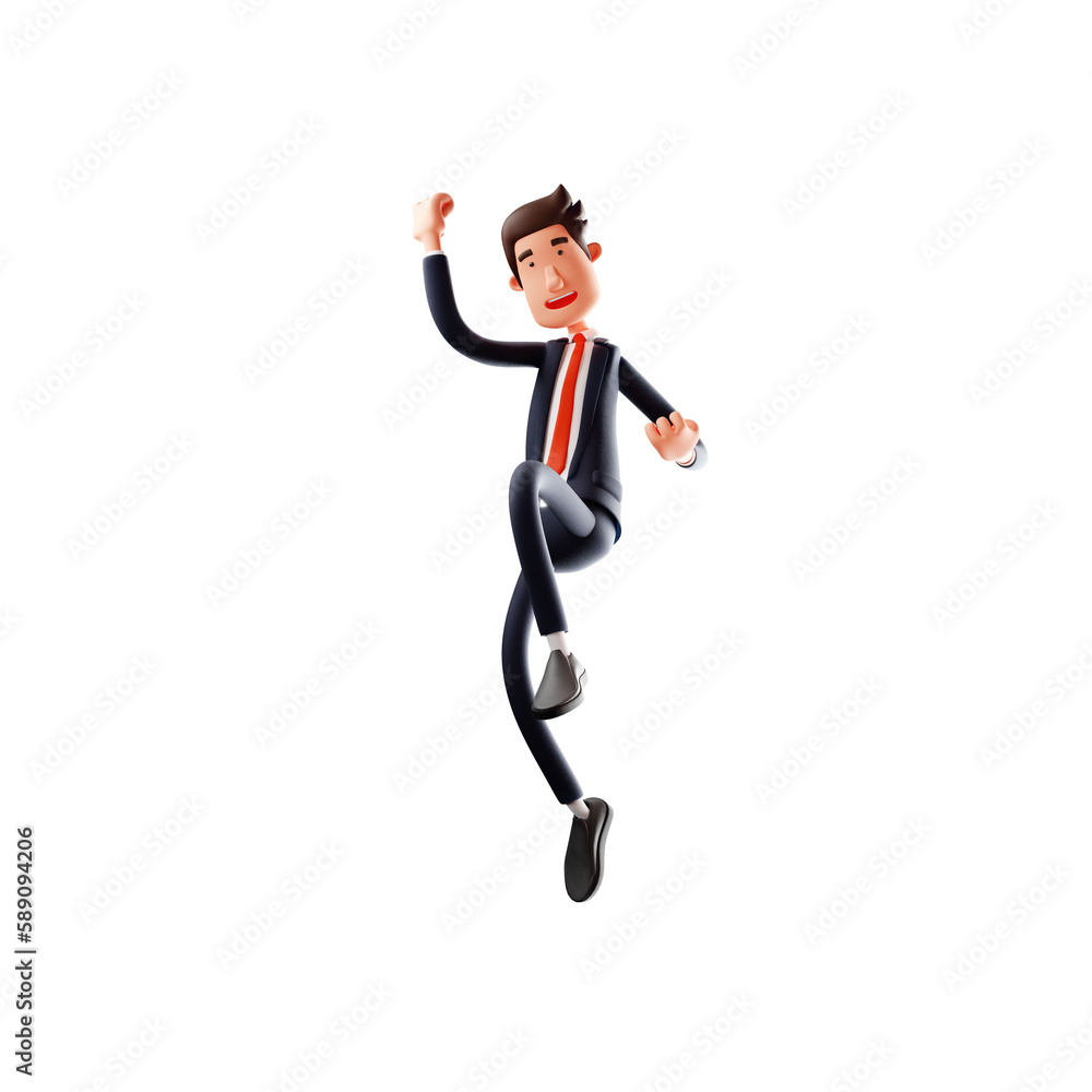 3D illustration. 3D character illustration in jumping pose, while clenching fists, showing happy expression. 3D Cartoon Character 3D illustration. 3D character illustration in jumping pose, while clenching fists, showing happy expression. 3D Cartoon Character