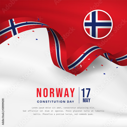 Square Banner illustration of Norway independence day celebration with text space. Waving flag and hands clenched. Vector illustration.