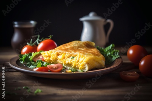 omelette with vegetables on wooden plate