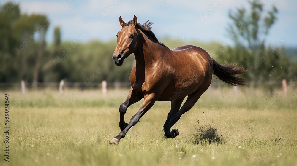 Beautiful bay horse galloping in field (Generative AI) Beautiful bay horse galloping in field (Generative AI)