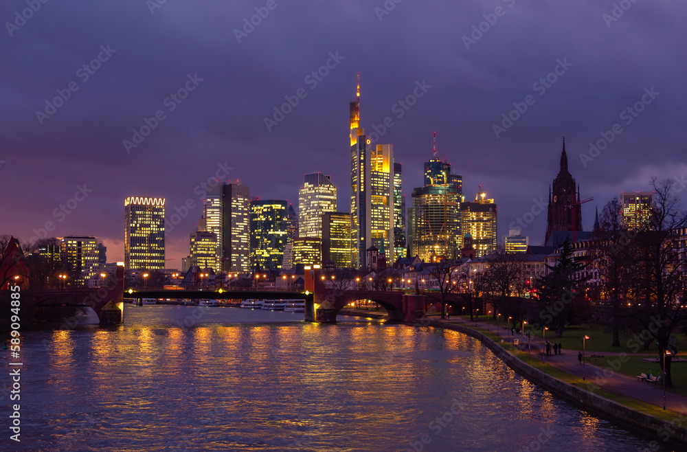 Frankfurt am Main, Germany, city skyline during blue hour.