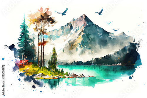 Mountain with lake in the Alps as watercolor illustration (Generative AI)