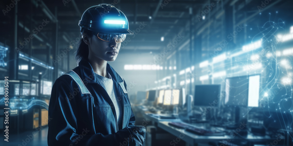 a manufacturing worker against a vibrant factory backdrop. Generative AI a manufacturing worker against a vibrant factory backdrop. Generative AI