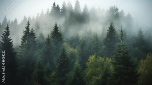 Foggy landscape with spruce forest. Based on Generative AI © Yeti Studio