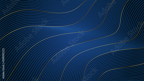 Luxury background with gold and blue wavy lines on navy background