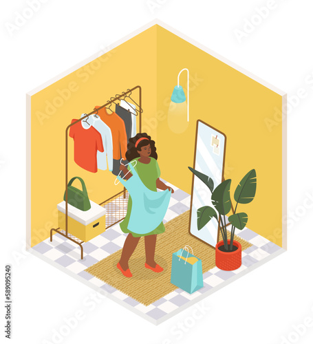 Trying on clothes in the dressing room - vector colorful isometric illustration