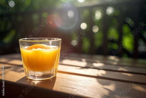 glass of orange juice on the wooden board