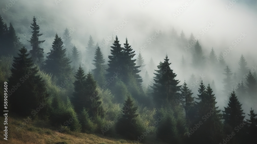 Foggy landscape with spruce forest. Based on Generative AI Foggy landscape with spruce forest. Based on Generative AI