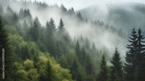 Foggy landscape with spruce forest. Based on Generative AI