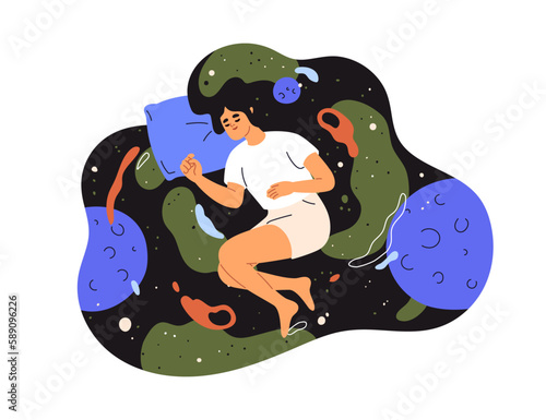 Woman dreamer floating in space, dreaming, sleeping. Person asleep, relaxing on pillow in cosmos. Healthy night relaxation concept. Flat graphic vector illustration isolated on white background