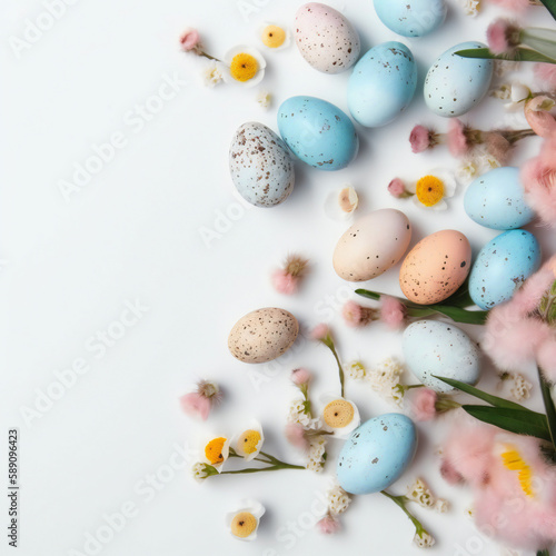 Spring Easter composition with eggs and flowers, light pastel colors on white background, empty space, generative AI